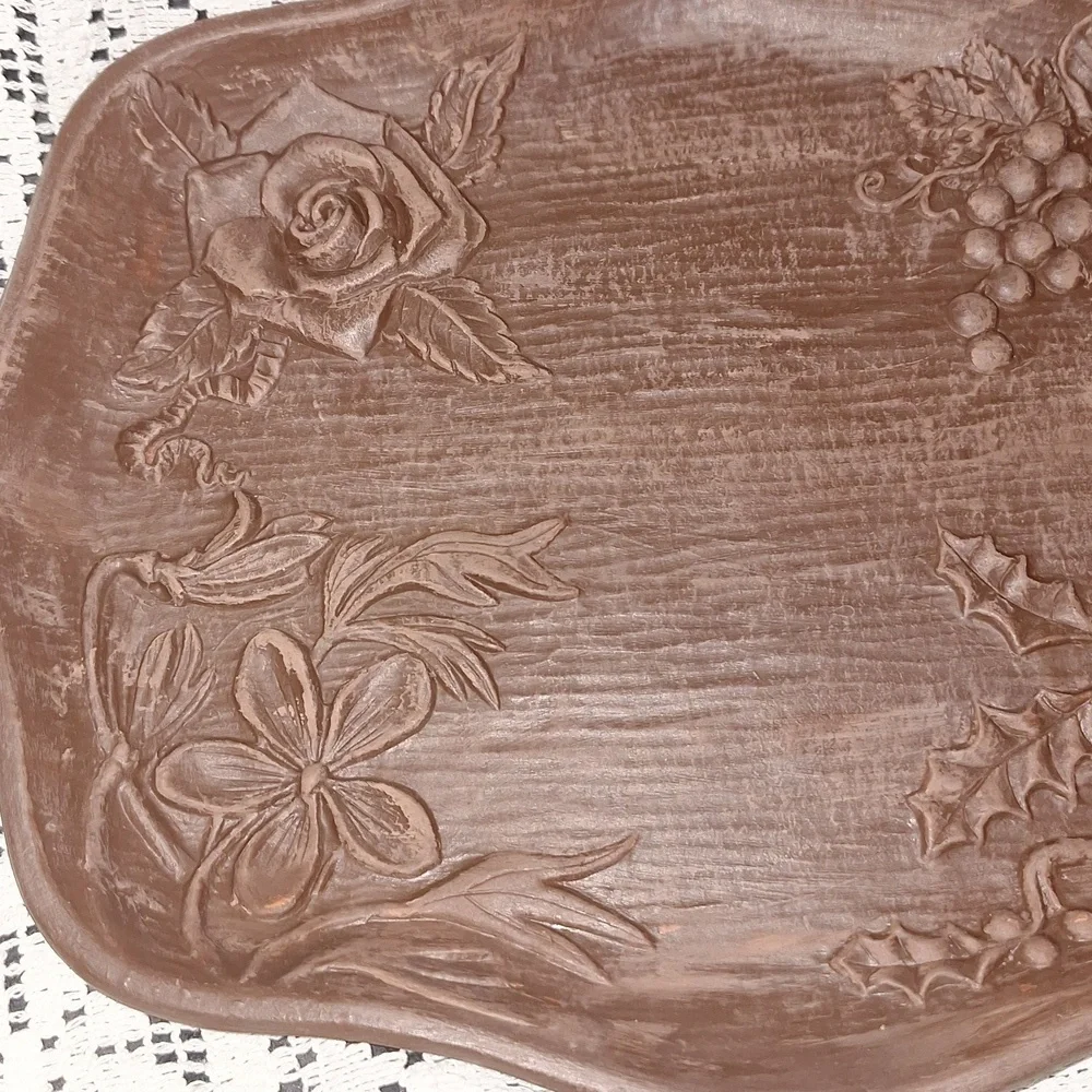 4 Seasons Faux Wood Syroco Carved Floral Tray Dish Multi Products Inc USA VTG